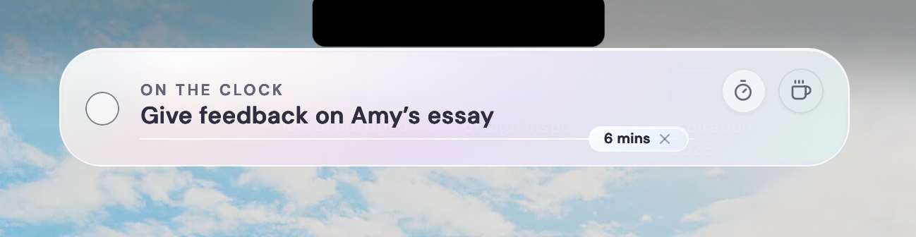 Tiny Bites local Mac app showing one active task with a timer